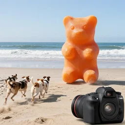 a photograph by a canon 5 d, 5 0 mm lens, of a life size gummy bear, orange, running away from a pack of dogs, beach, ocean, california, canon 5 d 5 0 mm lens, action photography, realistic, award winning,