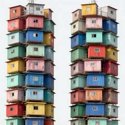 close - up view of two symmetrical towers made up of colourful makeshift suspended squatter shacks, faded colours, uniform off - white sky, dystopia, hasselblad x 1 d, very detailed, photographed by cristina de middel