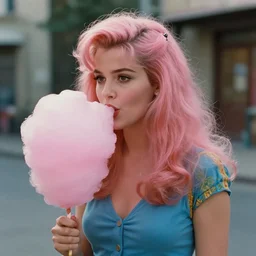 “1976 movie scene of a woman with candy floss hair”