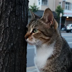ultra high resolution close - up photo the cat woman, 2 0 years old, standing with her head pressed to the tree in the street. right profile photo. the light is dim, and the colours are muted. kodak etkar 1 0 0.