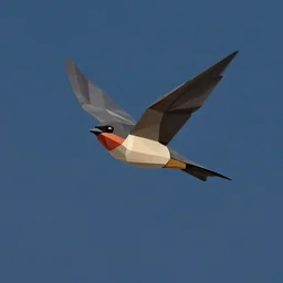 low-poly tree swallow in flight, award-winning digital art, calming dark blue sky