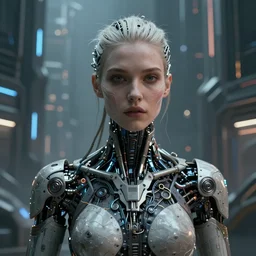 portrait of a beautiful woman cyborg, in a space metropolis, sci-fi, cyberpunk, ultra realistic, concept art, intricate details, eerie, highly detailed, photorealistic, octane render, 8k, unreal engine, art by artgerm and greg rutkowski and alphonse mucha