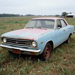 A photograph of a rusty, worn out, broken down, beater 1976 Powder Blue Dodge Aspen in a farm field, photo taken in 1989