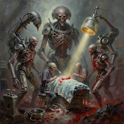 oil paint of 1 1 horrifying machines, blood trash, medical tiers of evil equipment for gastic surgery, battle ready, by wayne d barlowe, boris vallejo, stefano tamburini, torch light, muted colors, epic, hyper detailed, awe inspiring, award winning horror, hyper realism, cinematic