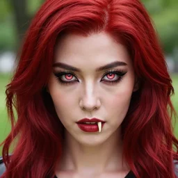 award winning 5 5 mm close up face portrait photo of an anesthetic and beautiful redhead alita battle angel who looks directly at the camera with blood - red wavy hair, intricate eyes that look like gems, and long fangs, in a park by luis royo. rule of thirds.