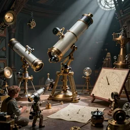 steampunk astronomers study, astronomical instruments, telescopes and astrological charts, bibliopunk