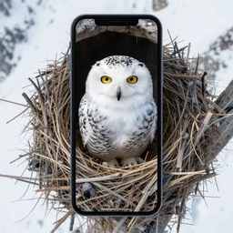 a snowy owl's nest in the alps, zoomed out, shot from drone, iphone capture