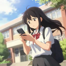 Anime girl texting on her phone, behind is School Building , epic cinematic still, dynamic perspective, anime style, beautiful volumetric light
