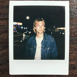 polaroid of kurt cobain in seattle, raining! nighttime, color, photorealistic, hyperdetailed, 8 k