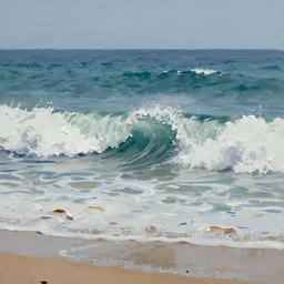 beach scene with large waves crashing down, the water and waves and sea foam painted in very thick impasto