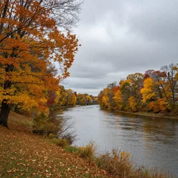 autumn, midwest town, grey sky, leafs, trees, river, hyperdetailed, artstation, cgsociety, 8 k