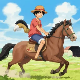 “ luffy riding horse, side shot, 8 k resolution, high detailed ”