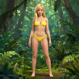 tracer game character, in yellow bikini, blonde hair, black eyes, hands free without weapons, against the background of the jungle full height