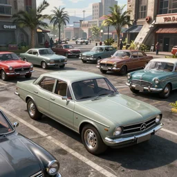 opel diplomat and vintage cars in post - apocalyptic times square, grand theft auto, photorealistic hyperdetailed 3 d matte painting, hyperrealistic, cinematic, unrealengine octane render, silent hill,