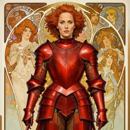 realistic detailed of Gillian Anderson wearing ornate red  armor by Alphonse Mucha, Ayami Kojima, Amano, Charlie Bowater, Karol Bak, Greg Hildebrandt, Jean Delville, and Donato Giancola, Art Nouveau, Neo-Gothic, gothic, rich deep colors