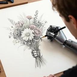 pov image of robot hand sketching a bouquet of flowers by artgerm and magali villanueve and michael whelan