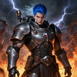 portrait of beautiful gothic and futuristic young man, warhammer, cyber armor, a lot of scars, thunderstorm and fire, blue head, red eyes, the middle ages, highly detailed, artstation, illustration, more and more compostion, 8 k quality, art by rene magritte, jean delville