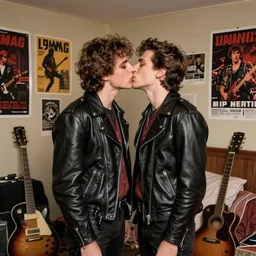 two young men wearing all leather kissing in a messy 80s bedroom interior, tons of musical instruments and band posters, hyperrealistic surrealism, award winning masterpiece with incredible details, trending on ArtStation, artgerm and greg rutkowski and alphonse mucha, daily deviation, IAMAG