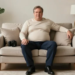 full body artistic dlsr photo of steve, mature male, wise face. he is a doctor. he is sitting gracefully on a sofa, elegant tight beige shirt. he has enormous belly