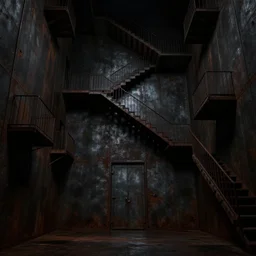 huge, very dark room, with rusty metallic walls, metal door, pitch black, endless staircases everywhere, digital art, concept art, high detail, eerie