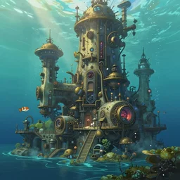 a very detailed matte painting a beautiful underwater steampunk city. water is turquoise colored. concept art by hayao miyazaki, golden hour, volumetric lighting, trending on artstation