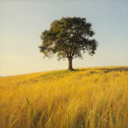 lone tree on hill by cy Twombly and BASTIEN LECOUFFE DEHARME, evening light, warm light, yellow grass