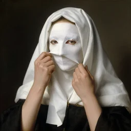 a cloaked woman, face wrapped in white paper, removes her face, takes off face, removes face, pulls down face, by jan van eyck,