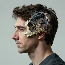 a profile portrait of a man with a opening hole into skull showing cobwebs, dust and rats, ( ( ( justin trudeau ) ) ), digital art, highly detailed, by alyssa monks and charlie bowater