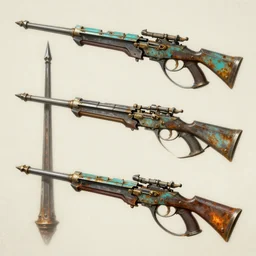 3 d concept art sheet of weapons. by ( rembrandt painting ( 1 0 0 ) ( fractal flame ) ), highly detailded, turquoise rust