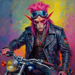 portrait of an apocalyptic demonic orcish goblin biker character, cool pose, psychedelic vibrant colors, futuristic punk rock fashion, oil painting by michael whelan art, sharp focus, ultra realistic 8 k, biker goggles, 8 0 s hair, studded leather jacket, 8 k