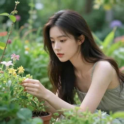 a beautiful girl with perfect features is taking care of the garden in a beautiful and varied vegetation dream garden with quality scenery, artstation!! greg rutkowski, wlop, cinematic, hyperrealist, pixiv!! beautiful face and features, the most beautiful girl, light calm, quality trending on artstation, hd, 8 k, highly detailed, good lighting, beautiful, masterpiece