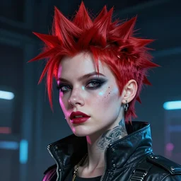 beautiful portrait of a cyberpunk woman with red punk hair painted by artgerm and lisa frank, trending on artstation