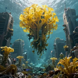 hyperrealistic precisionist cinematic half underwater neo - dystopian city ruins with giant floating yellow algae, digital art masterpiece, aykut aydogdu eric zener, dramatic volumetric light, long shot, low angle uhd 8 k, sharp focus