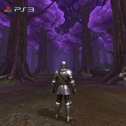 render of a short knight standing a poison forest, poison is purple clouds among trees, third person game screenshot 2 0 1 1, ps 3