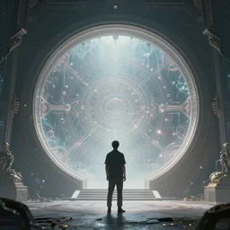 back view of > > > > > > a lone man < < < < < < standing in front of an interdimensional warp gate, a magical round gate, dreamy, ethereal, concept art by greg rutkowski and dan mumford, highly detailed, trending on artstationhq