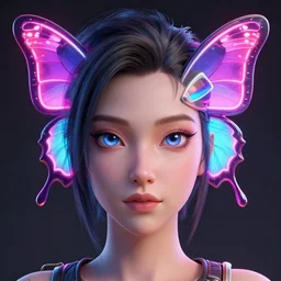 a 3 d model of an exotic beautiful woman with a neon butterfly head, fixed eyes, perfect eyes, perfect symmetrical lips, unreal engine, cinema 4 d, intricate details, 8 k, ultra realistic, super detailed, octane, ray tracing, artstation, beeple, 3 d model, style of uncharted, final fantasy, pixar