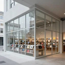 a vinyl record store industrial architecture with glass panoramic walls, urban exterior can be seen behind the transparent glass walls, octane 8 k