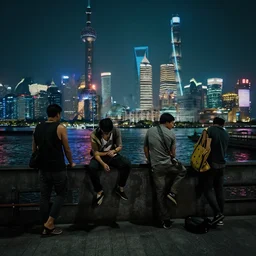 street thugs hanging at the docks with the futuristic shanghai skyline in the background, busy, dark, cyberpunk, moody, ambient lighting, syd mead