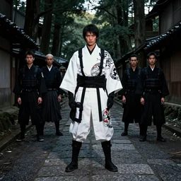 fashion model with white and black ancestral ornate japanese tactical gear standing in an ancient japanese forest, long shot, dark abandoned city streets, by irving penn and storm thorgerson, ren heng, peter elson, alvar aalto