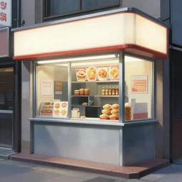 a fast food window downtown in neo - tokyo. concept art by syd mead