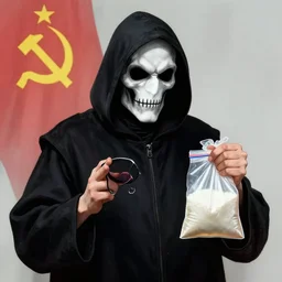ussr propaganda, the grim reaper holding a ziploc bag of meth, gerald brom style