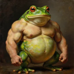 subject:  muscular barbarian oversized frog anthropomorphic medium shot portrait, style:  very detailed heavy textured rembrandt oil painting with dramatic light , very sharp detail