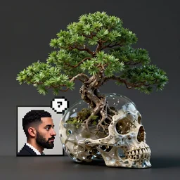 3 d render, photoreal, hyperreal, photorealistic, hyper - realistic, 3 d, octane render, 8 k, glass, bonsai tree inside of skull with profile picture by luis toledo and alex grey and beeple. neo - surrealism. digital art, pixel art, concept art, octane render, trending on cgsociety, trending on artstation