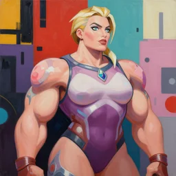 greg manchess portrait of margot robbie as thick female bodybuilder zarya from overwatch in disco elysium, 8 7 8, epic grimdark, fantasy, medium shot, asymmetrical, profile picture, organic painting, sunny day, matte painting, bold shapes, hard edges, street art, trending on artstation, by huang guangjian and gil elvgren and sachin teng
