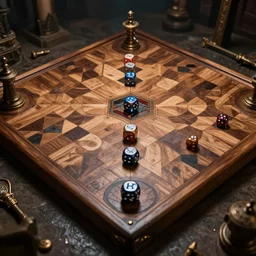 game board made in wood, fantasy, with dice, epic, cinematic, thriller
