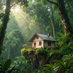 a little house under a jungle cliff, light rain, sun - rays through high rain forest trees