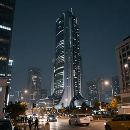 a fallen futuristic building in a busy city, realistic photo, large depth of field, night time, trending on artstation