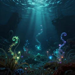 an underwater alien ocean, filled with bioluminescence, twirling glowing sea plants, neon colors, and a mystical misty glow, ethereal, detailed, fantasy illustration, dark brooding and eerie