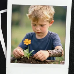 a blond boy who has a tree branch for his right arm, planting a flower, Polaroid, Closeup, Closeup-View, Octane render, Unreal Engine