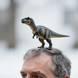 award winning photo by saul leiter of a tiny gray dinosaur standing on an old man's head, tiny gaussian blur, insanely detailed, insanely intricate, depth of field, low contrast, snowy, wide aperture